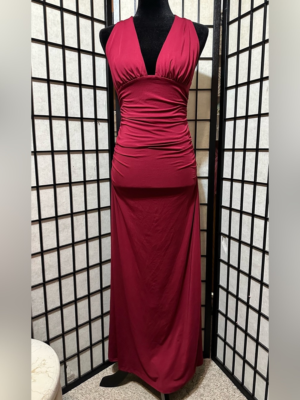 Burgundy V Neck Halter Open Back Maxi Dress